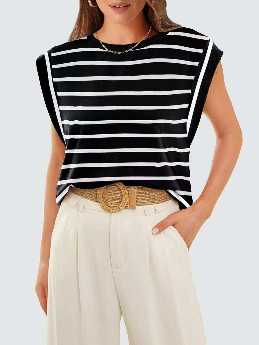 Striped Round Neck Cap Sleeve T-Shirt - Trendsi - Flyclothing LLC