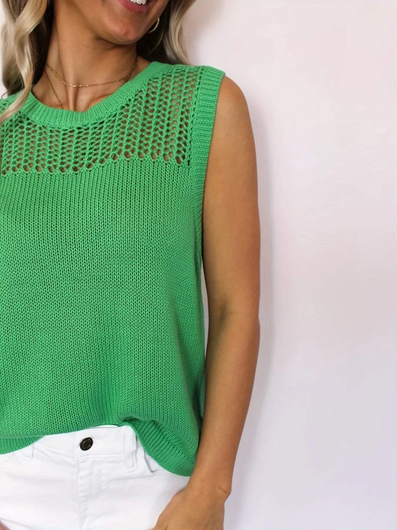Openwork Round Neck Sweater Vest - Trendsi - Flyclothing LLC