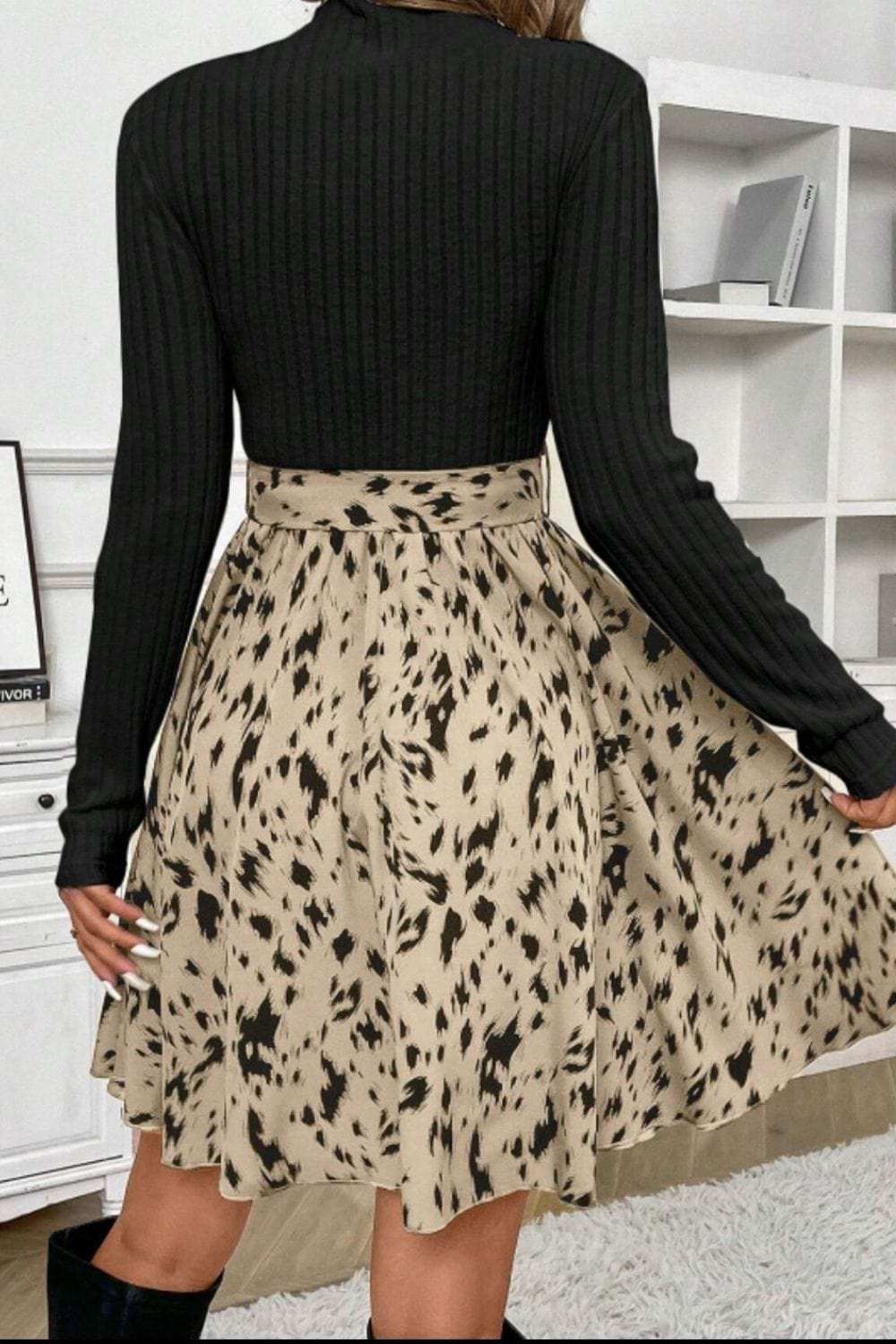 Printed Tie Waist Mock Neck Long Sleeve Dress - Trendsi - Flyclothing LLC