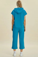 Double Take Full Size Texture Drawstring Short Sleeve Hoodie and Pocketed Pants Set - Trendsi - Flyclothing LLC