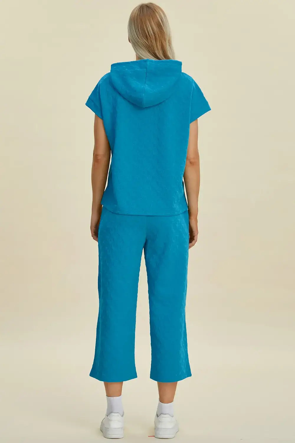 Double Take Full Size Texture Drawstring Short Sleeve Hoodie and Pocketed Pants Set - Trendsi - Flyclothing LLC