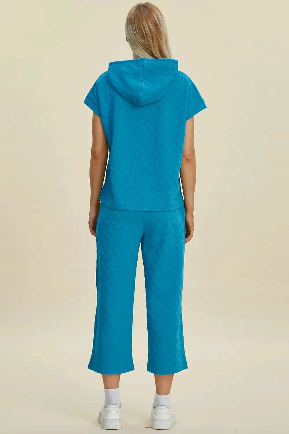 Double Take Full Size Texture Drawstring Short Sleeve Hoodie and Pocketed Pants Set - Trendsi - Flyclothing LLC