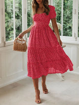 Printed Square Neck Short Sleeve Midi Dress - Trendsi - Flyclothing LLC