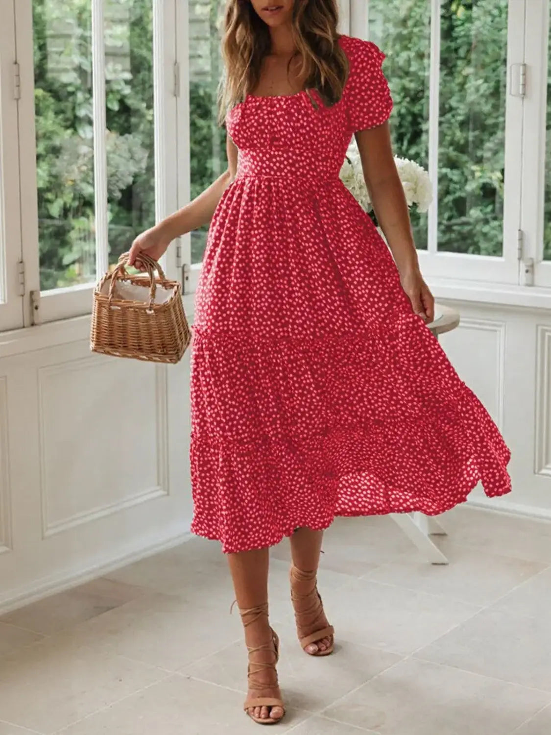 Printed Square Neck Short Sleeve Midi Dress - Trendsi - Flyclothing LLC