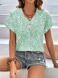Printed V-Neck Short Sleeve Blouse - Trendsi - Flyclothing LLC