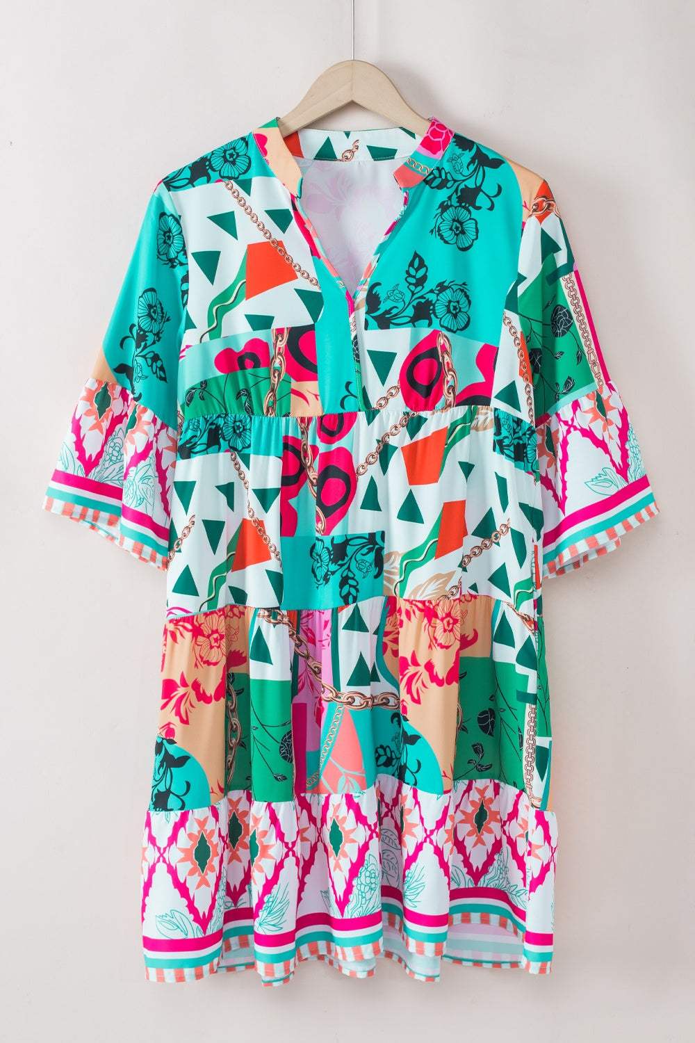 Printed Surplice Half Sleeve Mini Dress - Trendsi - Flyclothing LLC