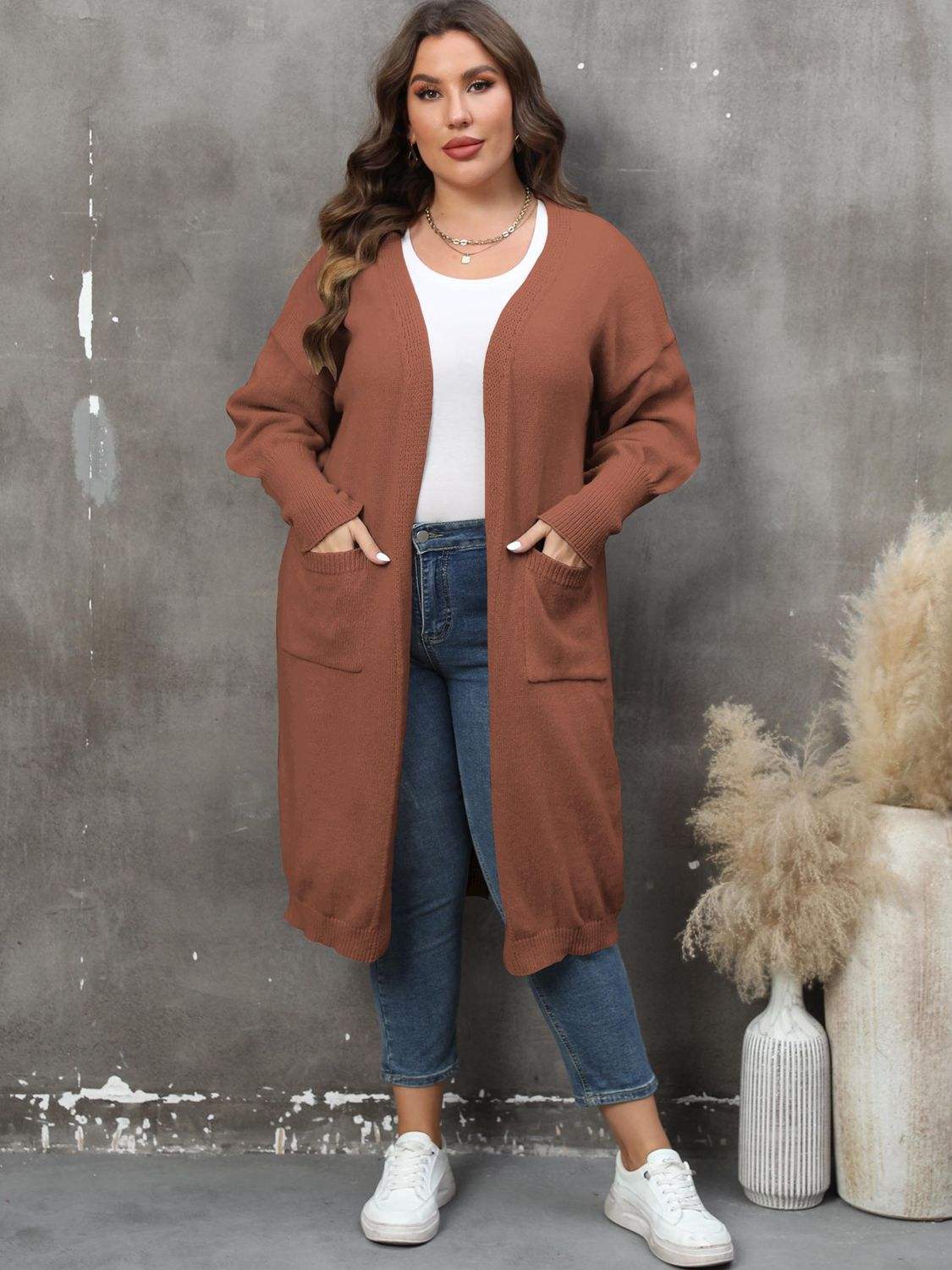Plus Size Long Sleeve Pocketed Cardigan - Trendsi - Flyclothing LLC