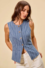 SO ME Stripe Slim Fit Button Front Denim Vest Top - Trendsi - Flyclothing LLC