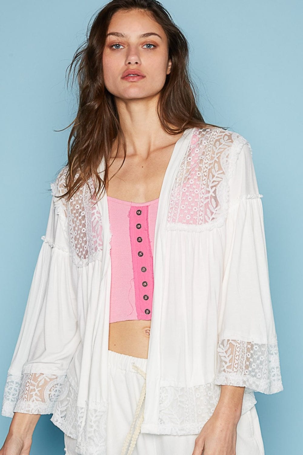 POL Open Front Lace Detail Cardigan - Trendsi