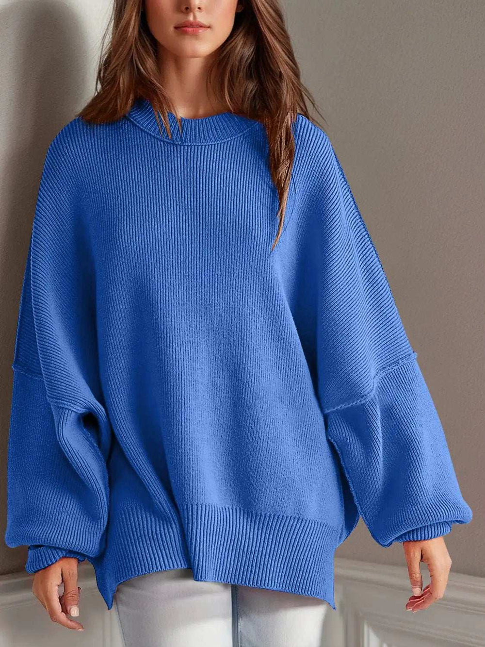 Double Take Side Slit Round Neck Long Sleeve Sweater - Trendsi - Flyclothing LLC