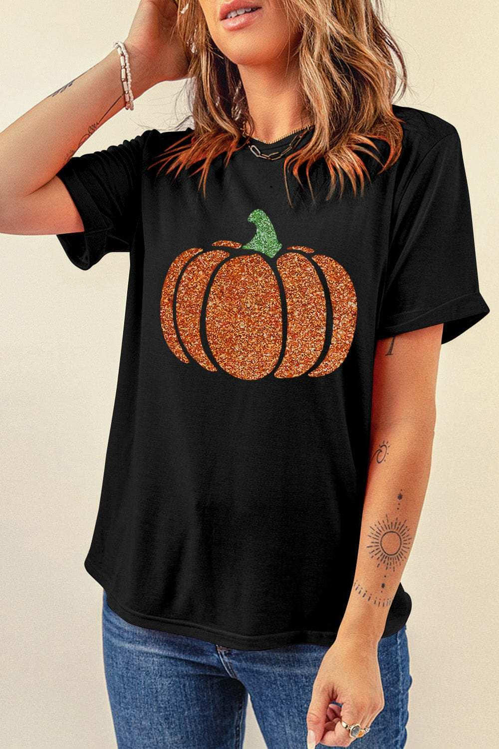 Glitter Pumpkin Round Neck Short Sleeve T-Shirt - Trendsi - Flyclothing LLC