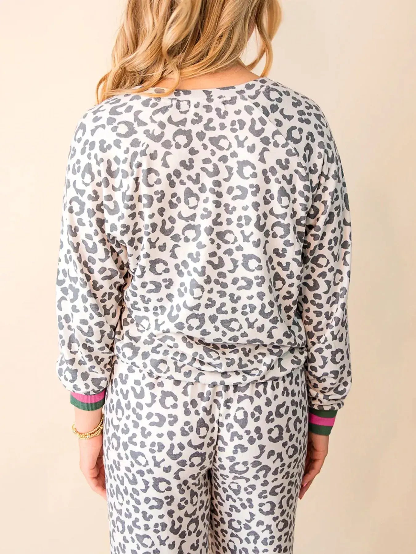 V Neck Leopard Long Sleeve Top Striped Webbing Patchwork Drawstring Pant Set - Trendsi - Flyclothing LLC