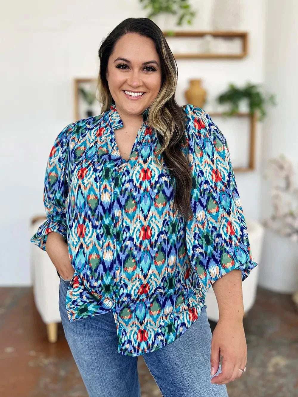 Double Take Full Size Printed Balloon Sleeve Blouse - Trendsi - Flyclothing LLC