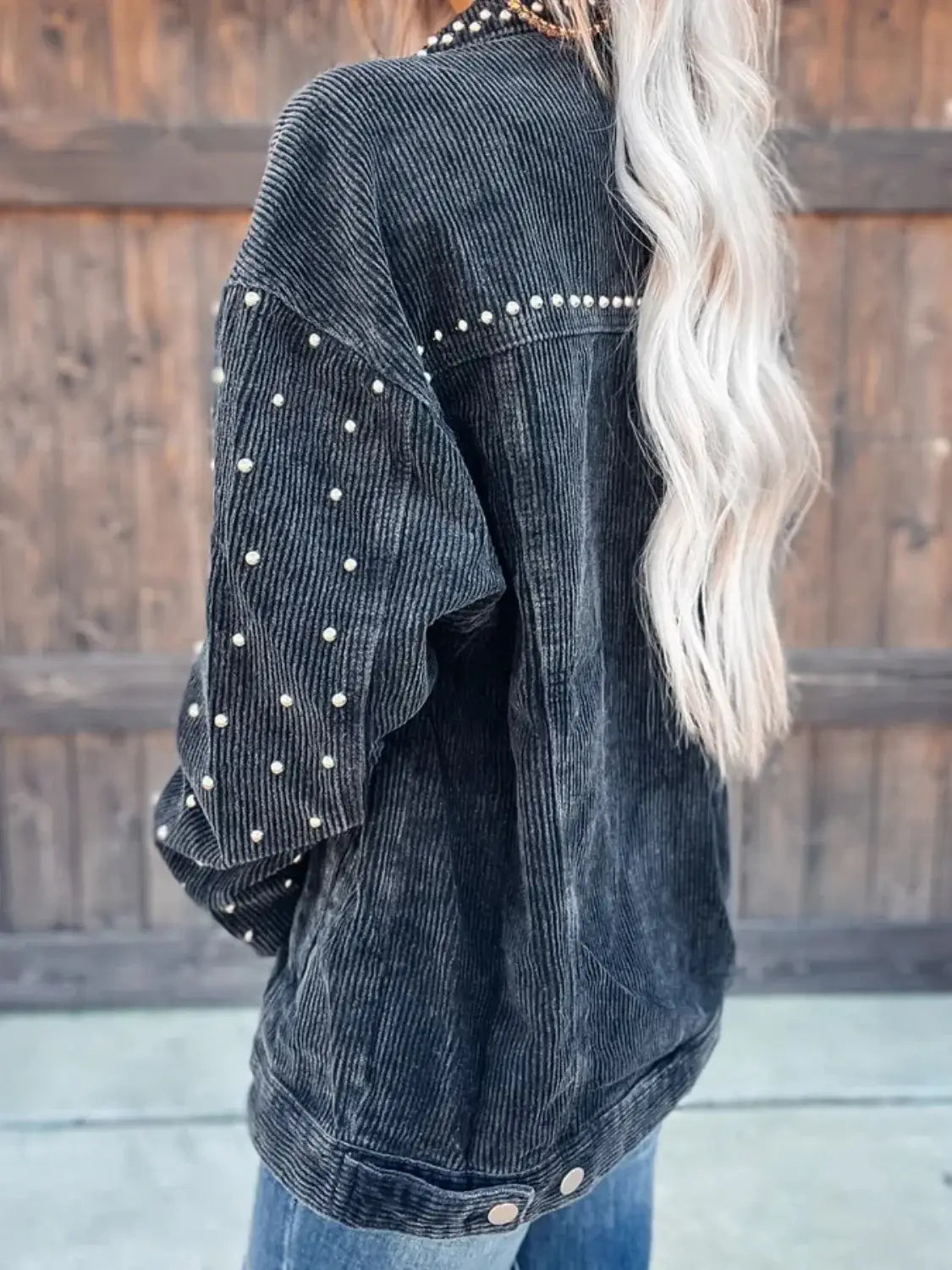 Studded Collared Neck Button Down Jacket - Trendsi - Flyclothing LLC