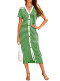 Contrast Striped V-Neck Short Sleeve Midi Dress - Trendsi - Flyclothing LLC