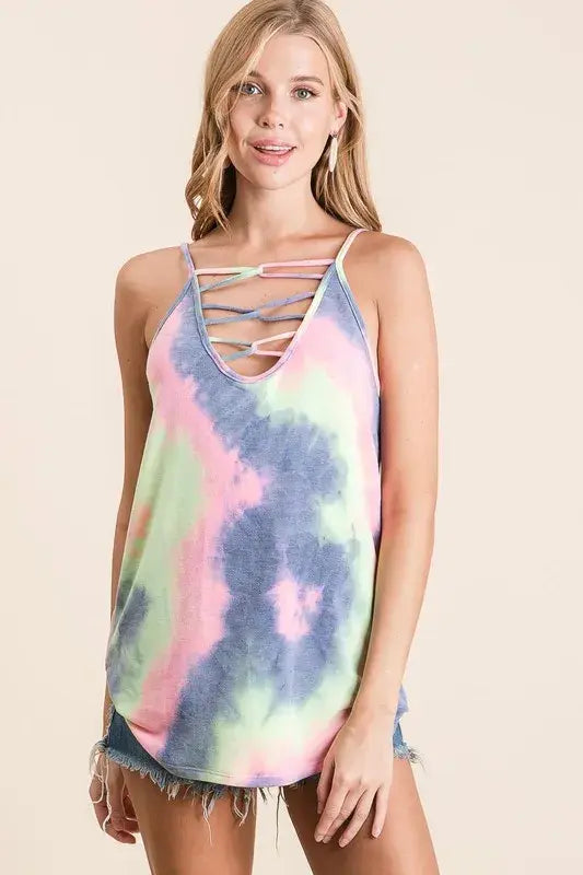 BiBi Tie Dye Terry Camisole with Caged Neck - Trendsi - Flyclothing LLC
