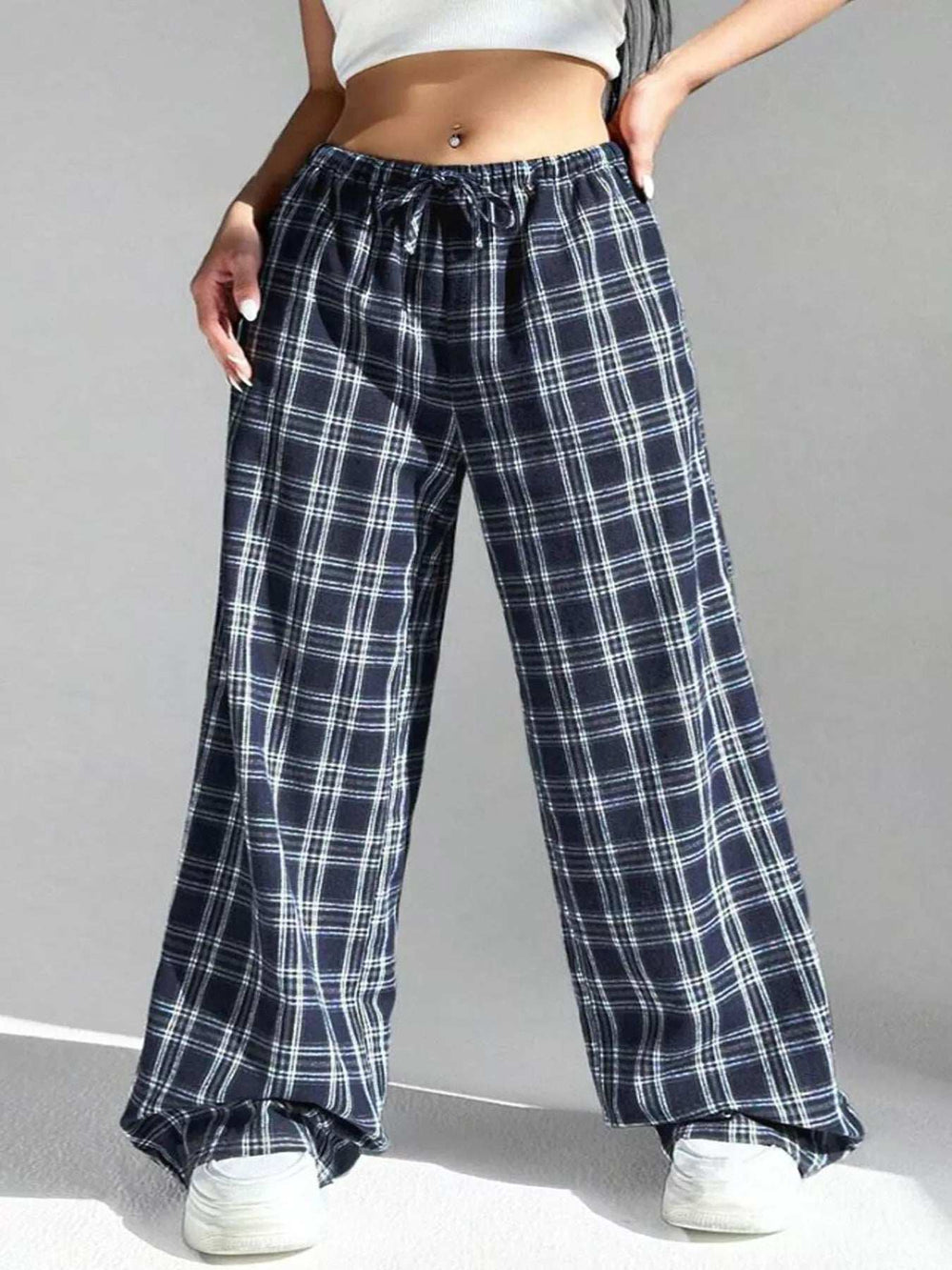 Plaid Drawstring Wide Leg Pants - Trendsi - Flyclothing LLC