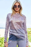 Davi & Dani Sequin Mock Neck Long Sleeve Mesh Top - Trendsi
