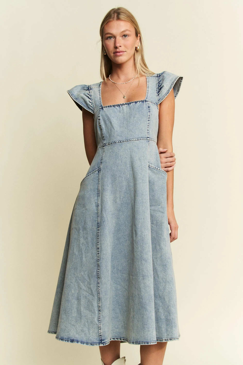 Jade By Jane Full Size Ruffled Denim Midi Dress Plus Size - Trendsi - Flyclothing LLC