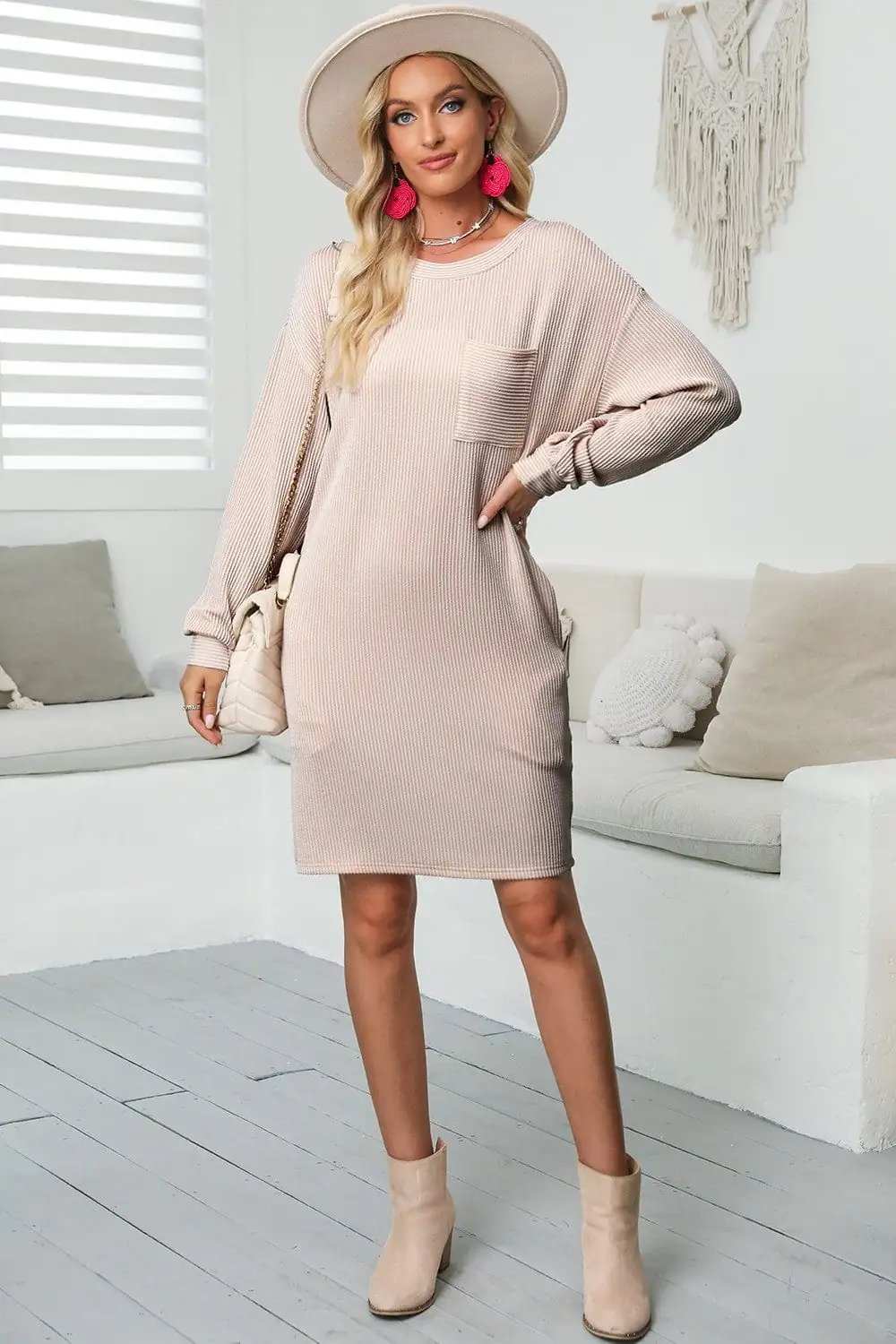 Striped Round Neck Long Sleeve Mini Dress - Trendsi - Flyclothing LLC