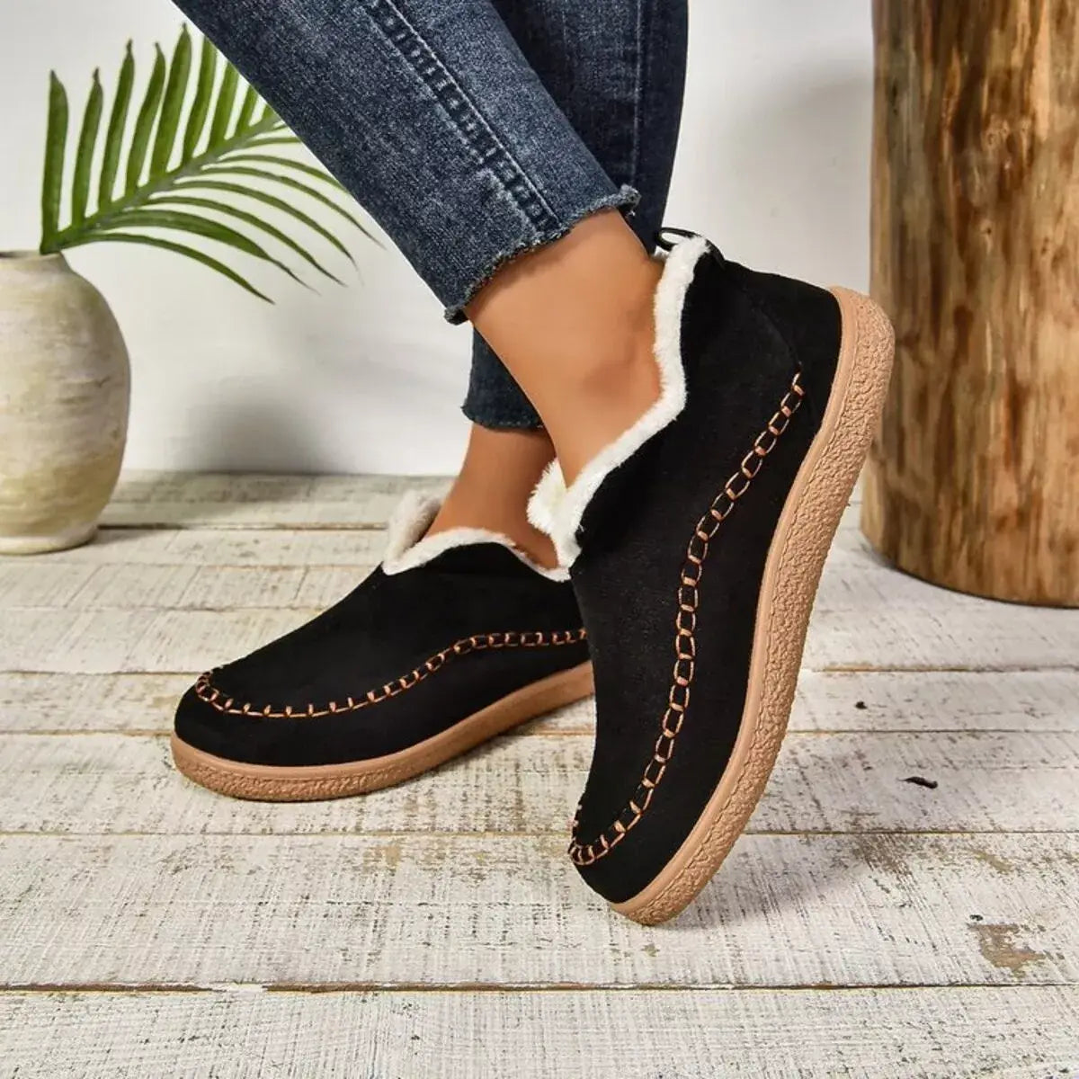 Round Toe Sherpa-Lined Slip-Ons - Trendsi - Flyclothing LLC