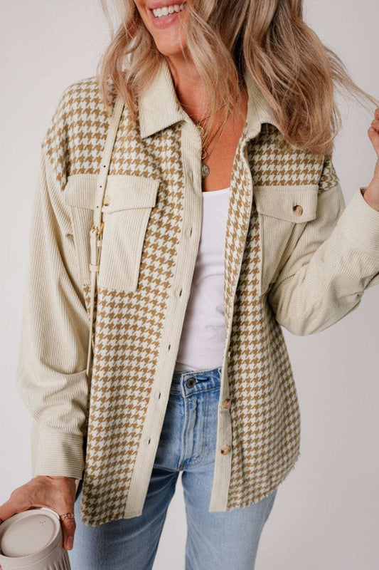 Houndstooth Button Up Long Sleeve Jacket - Trendsi - Flyclothing LLC