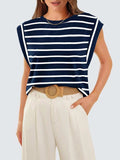 Striped Round Neck Cap Sleeve T-Shirt - Trendsi - Flyclothing LLC