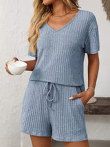 Mandy V-Neck Short Sleeve Top and Shorts Set - Trendsi - Flyclothing LLC