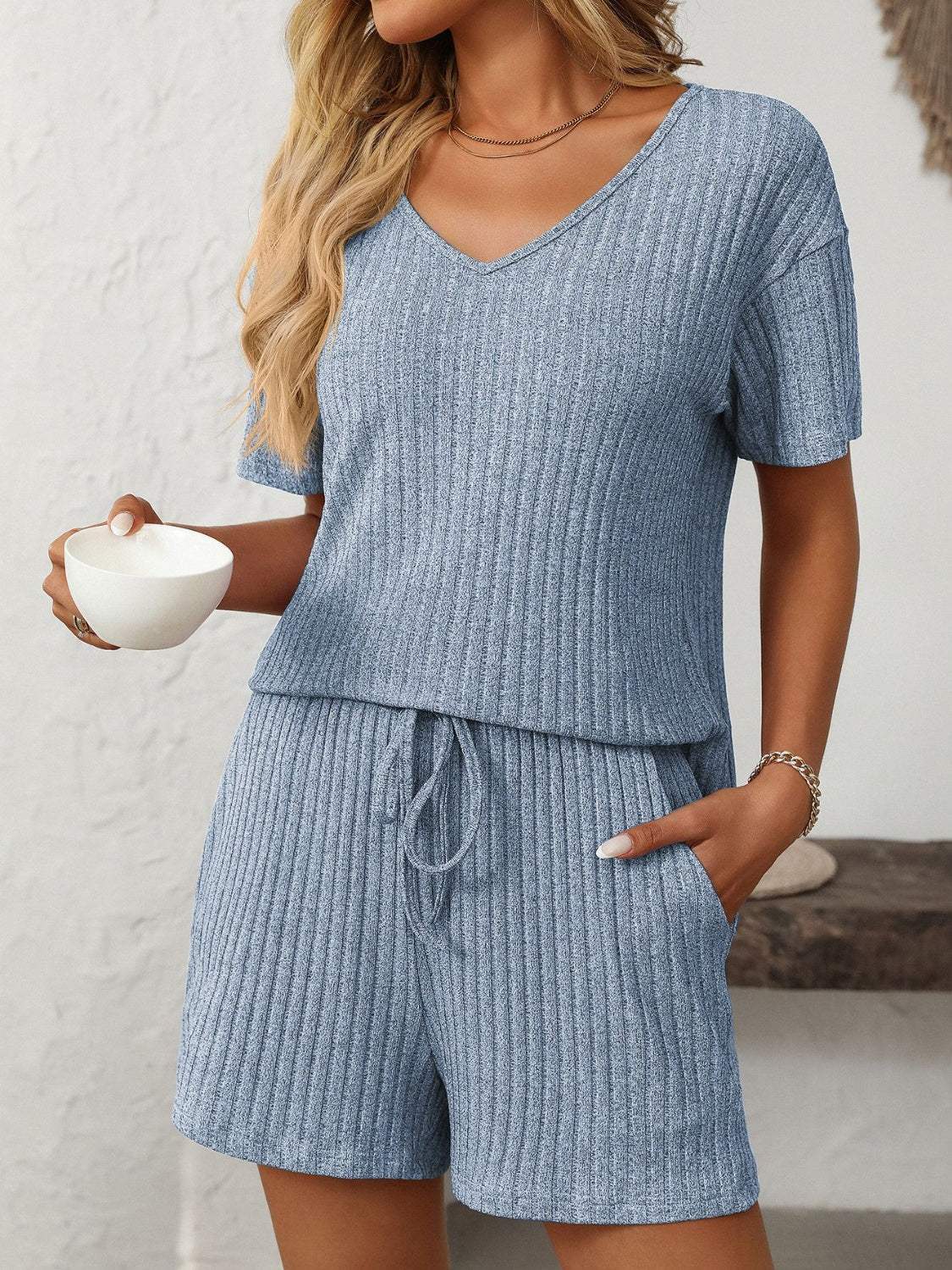 Mandy V-Neck Short Sleeve Top and Shorts Set - Trendsi - Flyclothing LLC