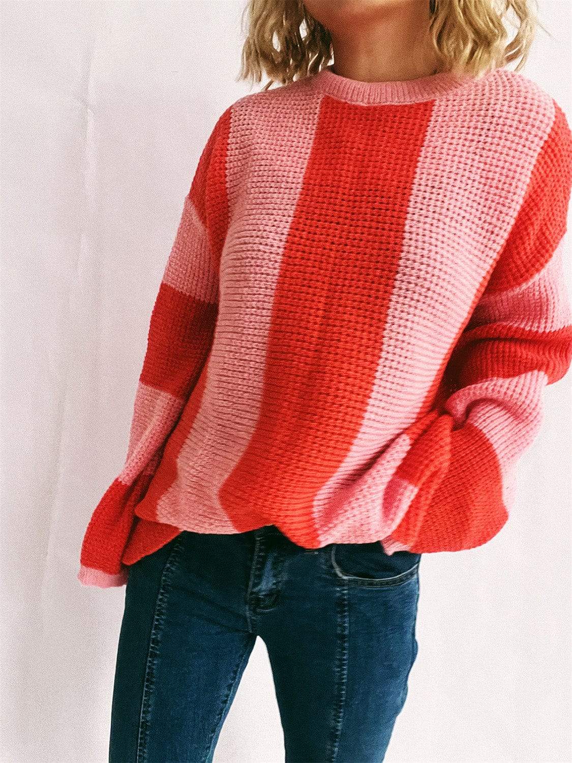 Color Block Round Neck Long Sleeve Sweater - Trendsi - Flyclothing LLC