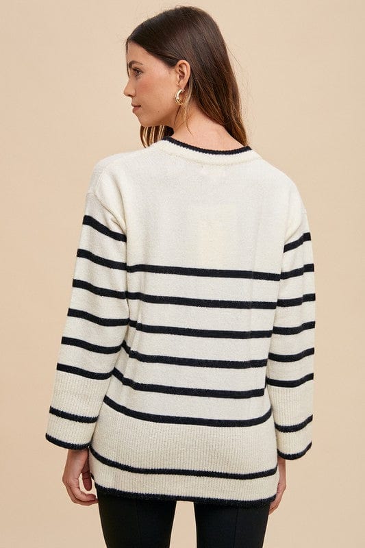 Annie Wear Side Slit Striped Round Neck Sweater - Trendsi