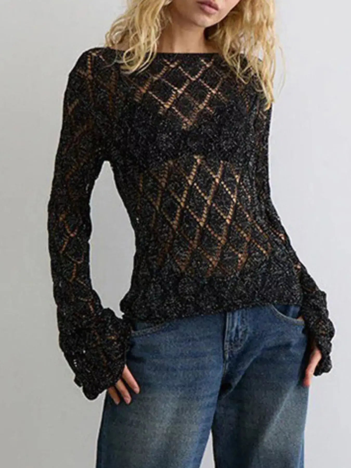 Openwork Long Sleeve Sweater - Trendsi - Flyclothing LLC