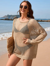 Backless Boat Neck Long Sleeve Cover Up - Trendsi - Flyclothing LLC