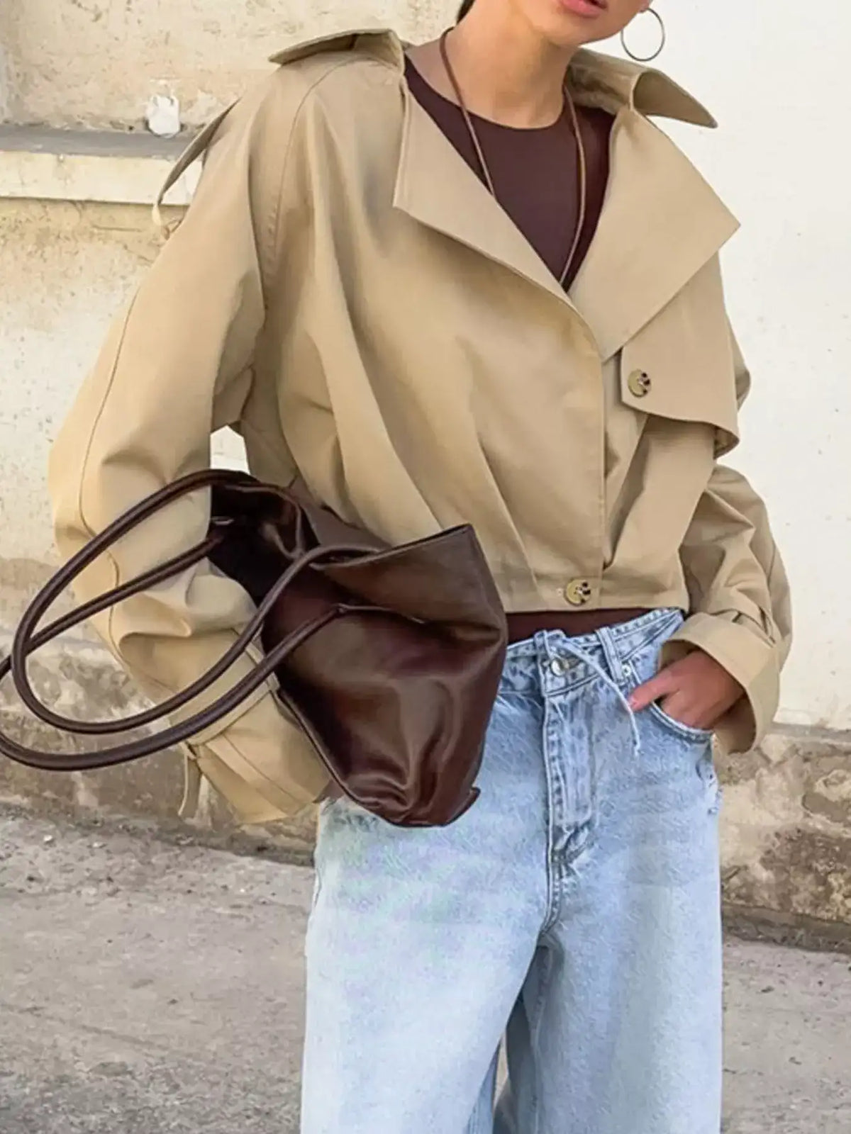 Wide Lapel Cropped Trench Coat - Trendsi - Flyclothing LLC