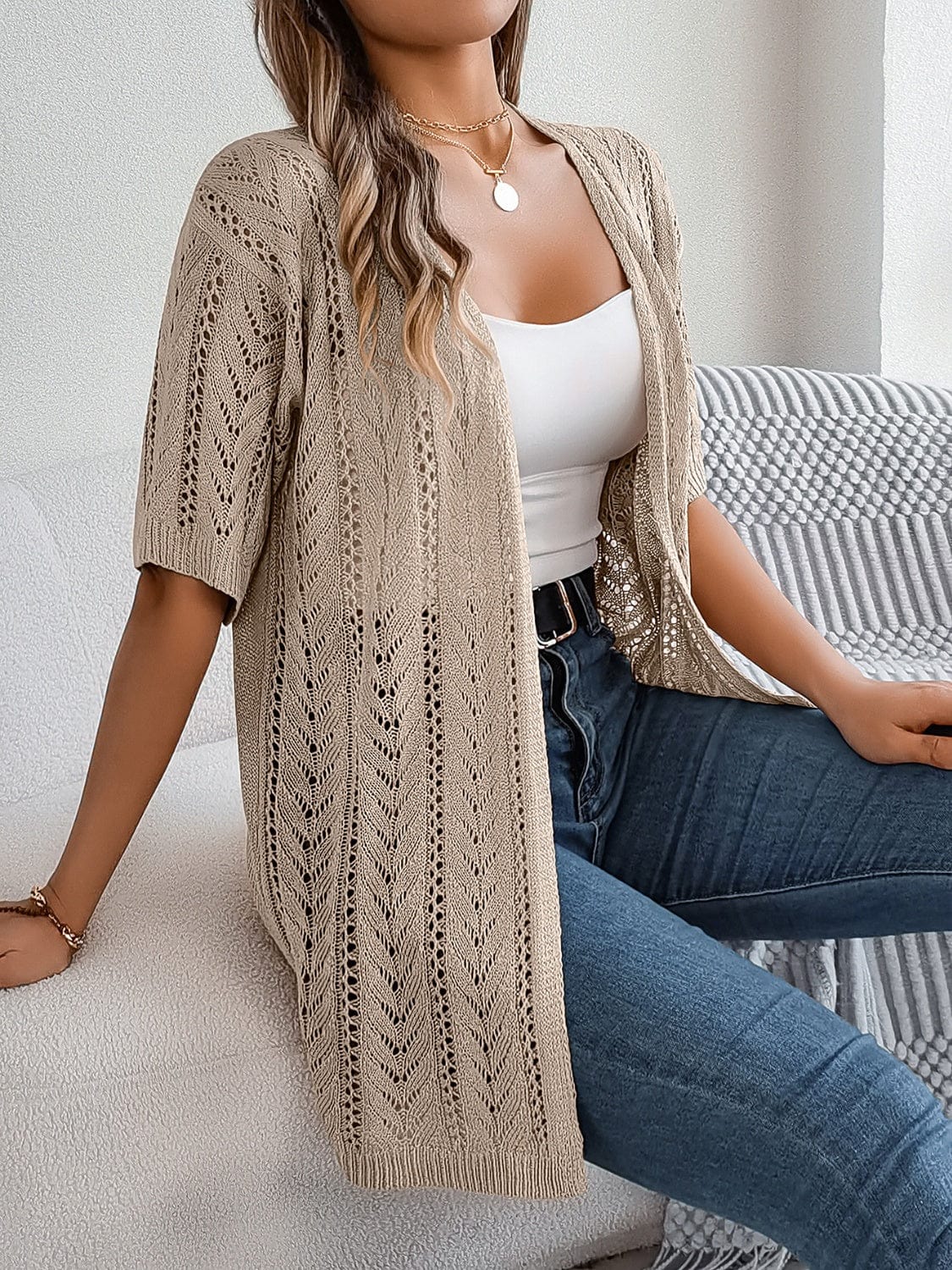 Openwork Open Front Half Sleeve Cardigan - Trendsi