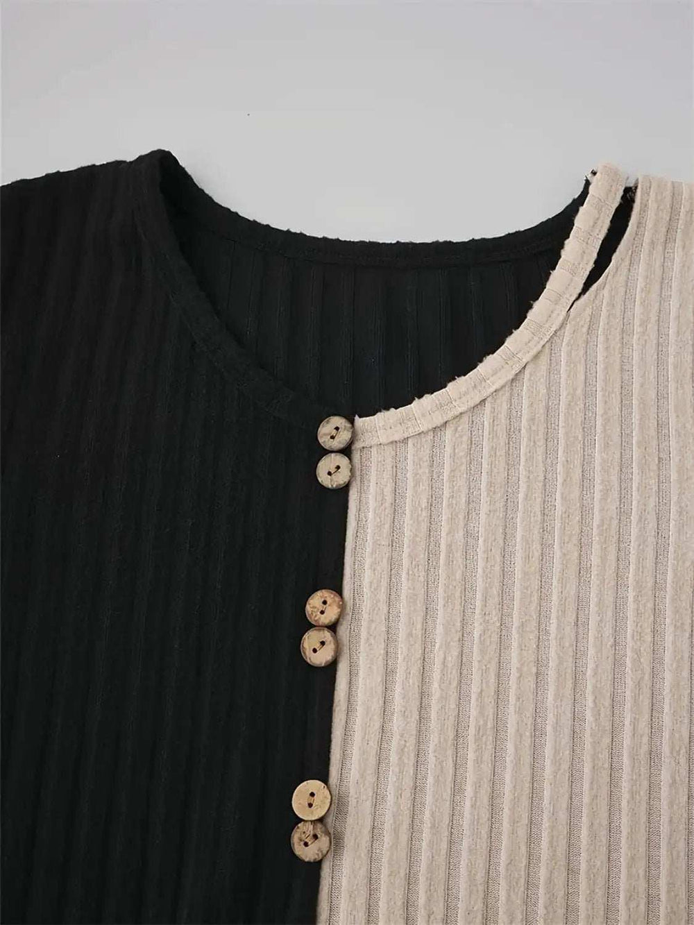 Decorative Button Contrast Round Neck Long Sleeve T-Shirt - Trendsi - Flyclothing LLC