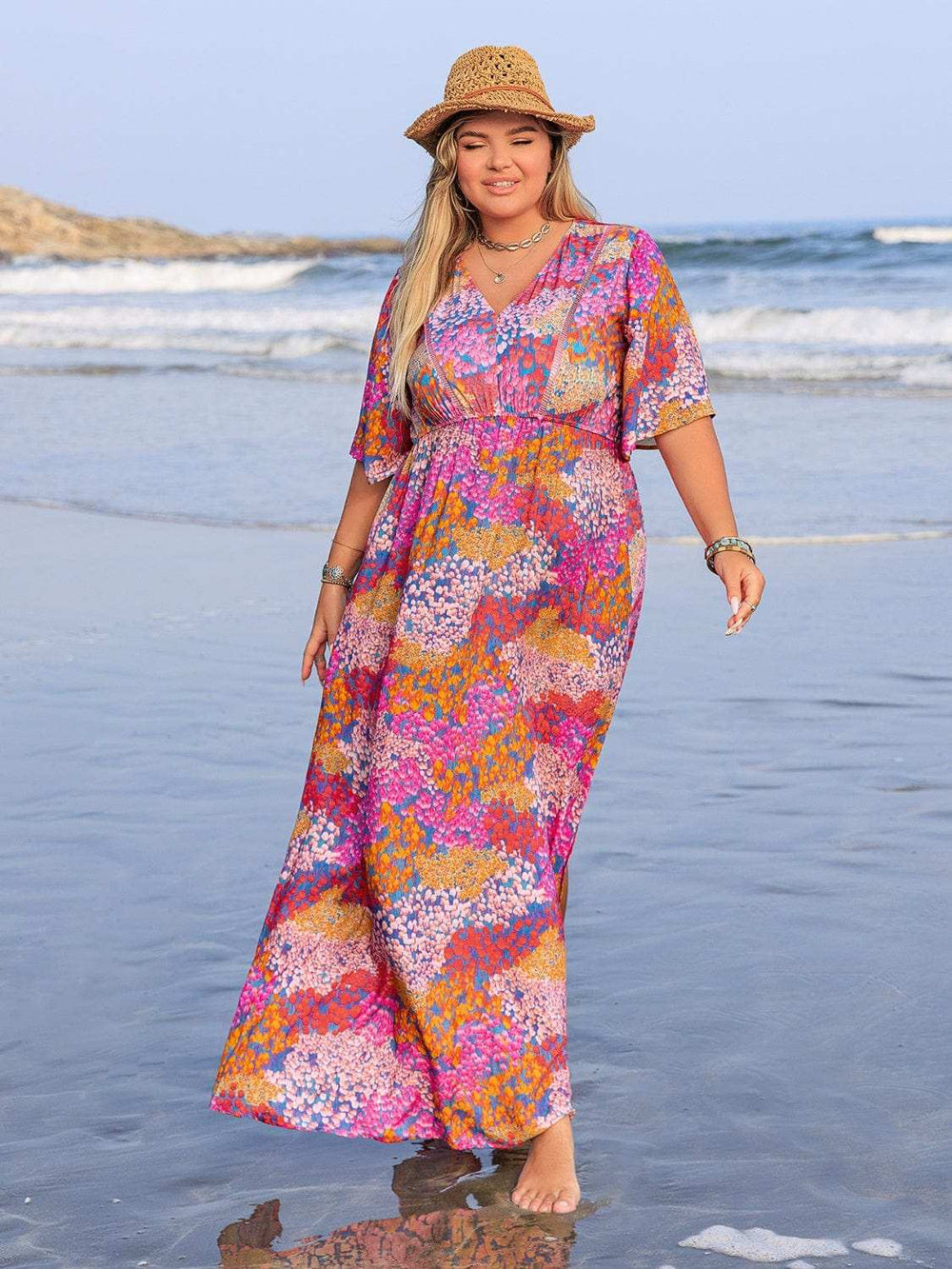 Plus Size Printed V-Neck Half Sleeve Maxi Dress - Trendsi - Flyclothing LLC