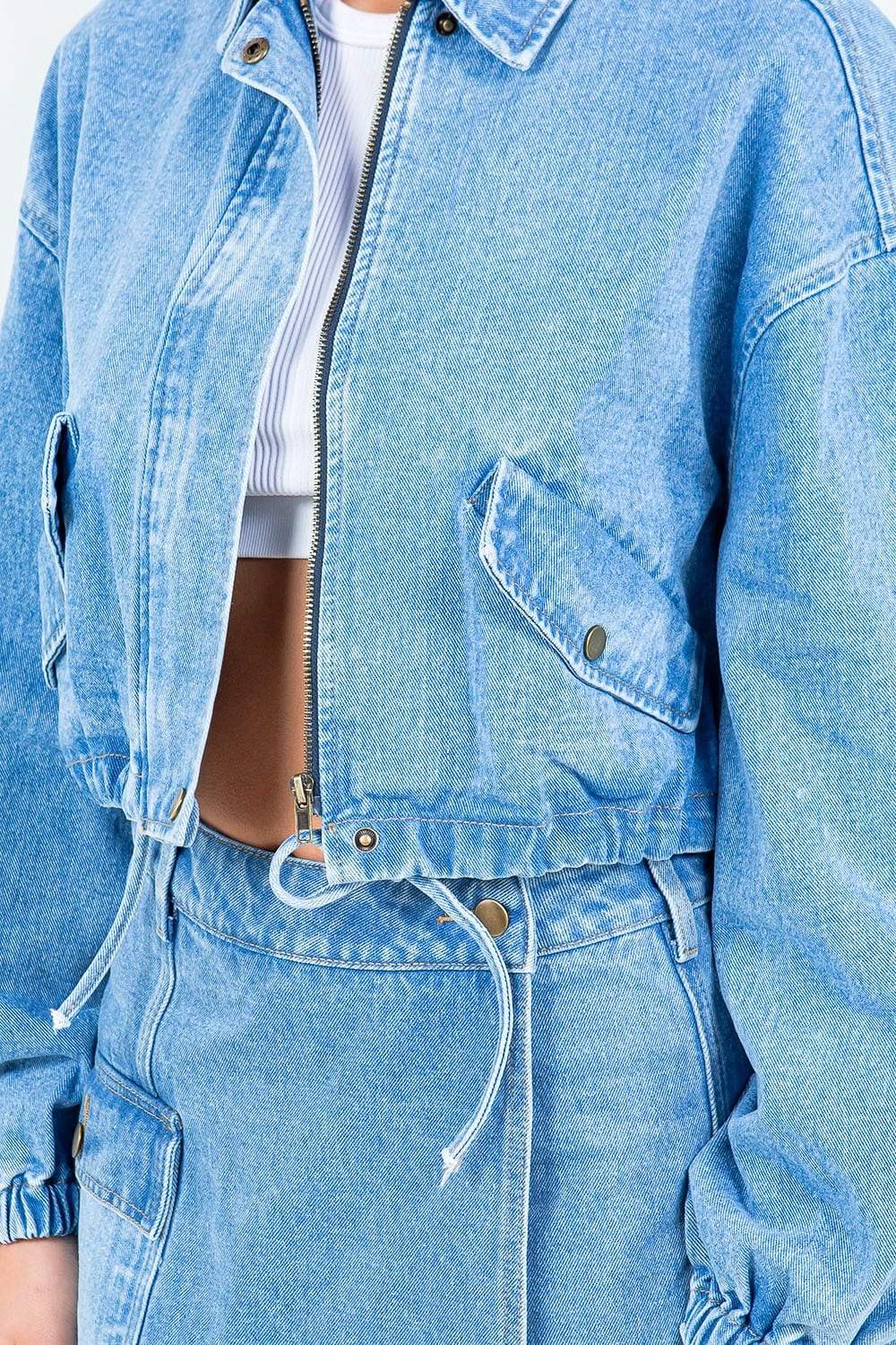American Bazi Drawstring Waist Crop Denim Jacket - Trendsi - Flyclothing LLC