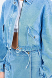 American Bazi Drawstring Waist Crop Denim Jacket - Trendsi