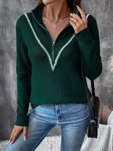 Perfee Contrast Half Zip Long Sleeve Sweater - Trendsi - Flyclothing LLC