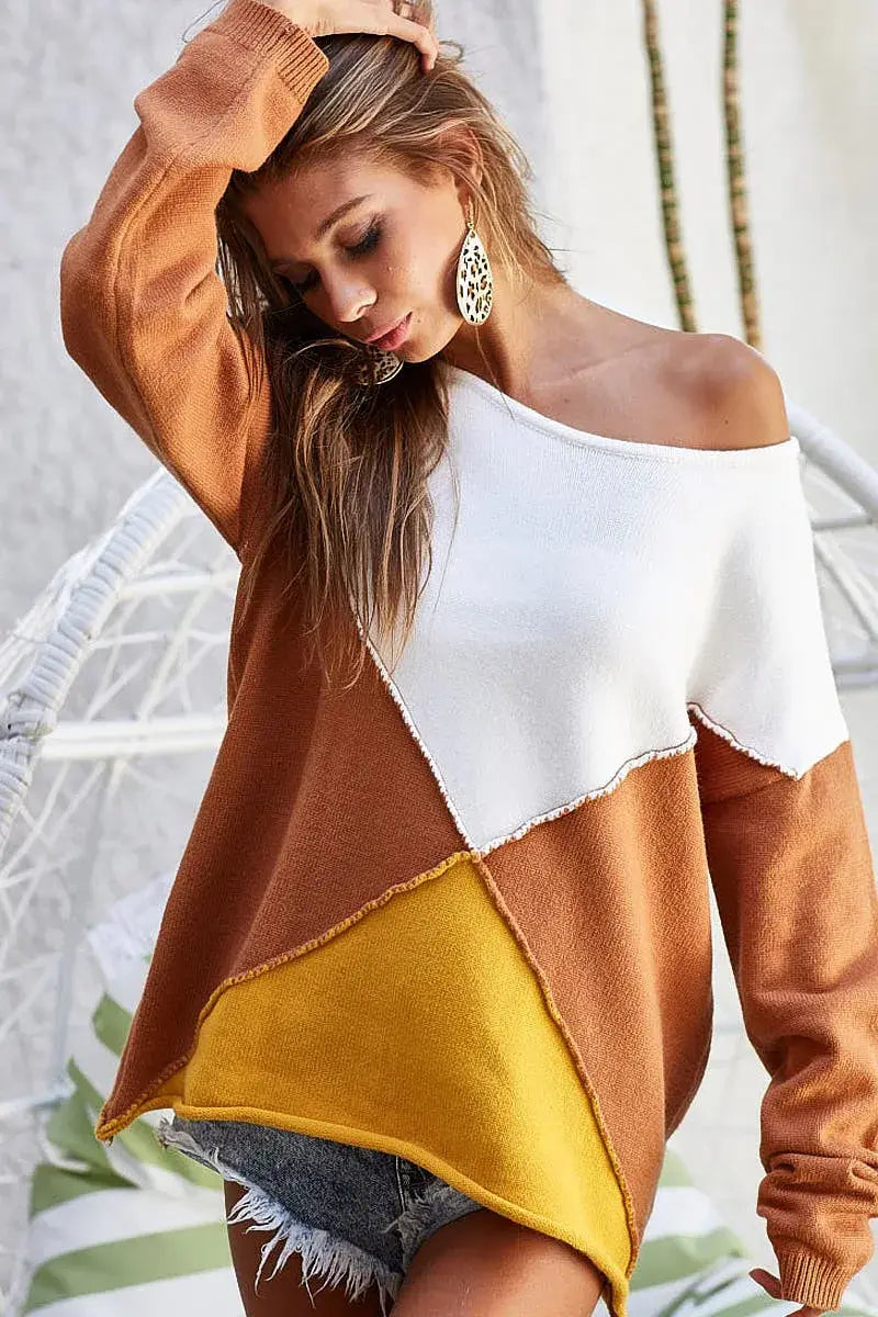 BiBi Color Block Geometric Sweater - Trendsi - Flyclothing LLC