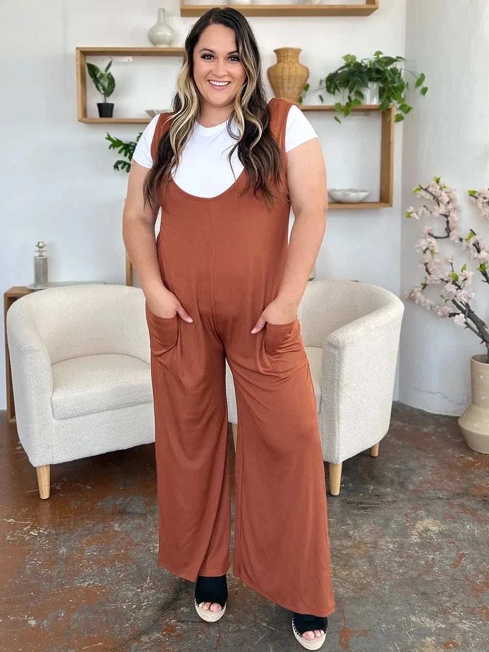 Double Take Full Size Sleeveless Wide Leg Jumpsuit with Pockets - Trendsi - Flyclothing LLC