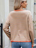 Striped Contrast Round Neck Long Sleeve Sweater - Trendsi