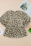 Leopard Bow Tie Front Puff Sleeve Peplum Blouse - Trendsi - Flyclothing LLC