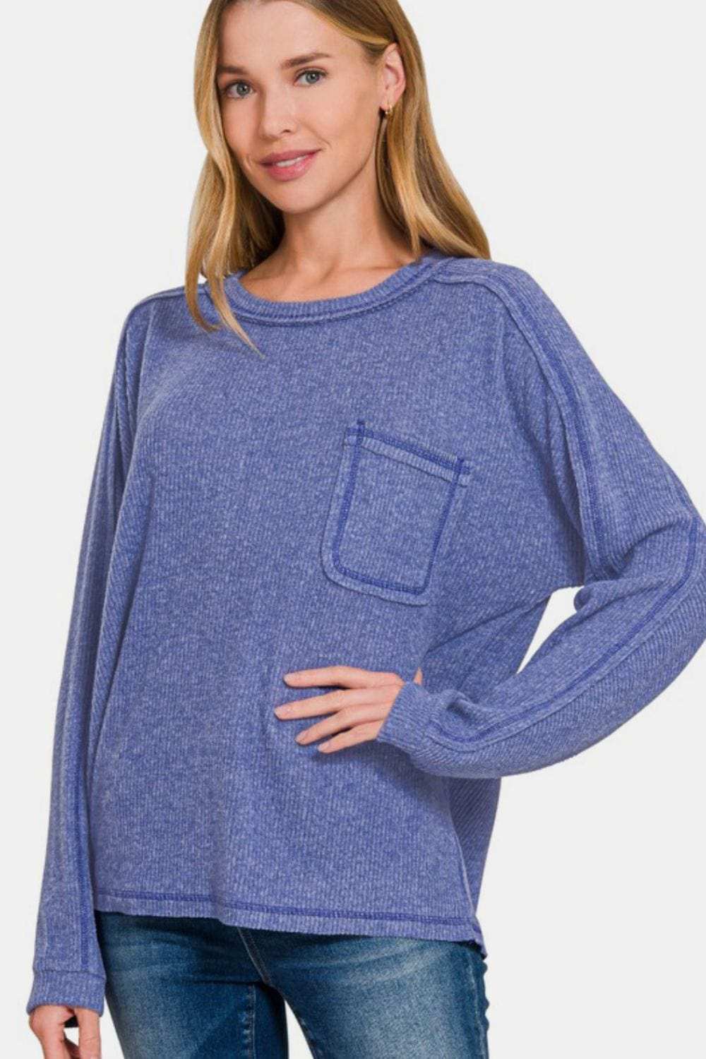 Zenana Full Size Contrast Stitching Brushed Ribbed Hacci Knit Top - Trendsi - Flyclothing LLC