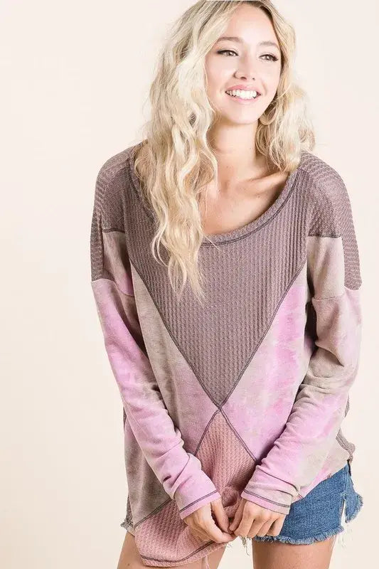 BiBi Thermal Waffle Color Block Top with Tie Dye - Trendsi - Flyclothing LLC
