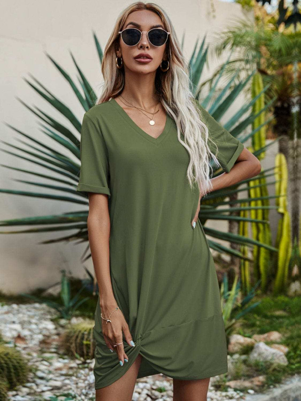 V-Neck Short Sleeve Mini Dress - Trendsi - Flyclothing LLC