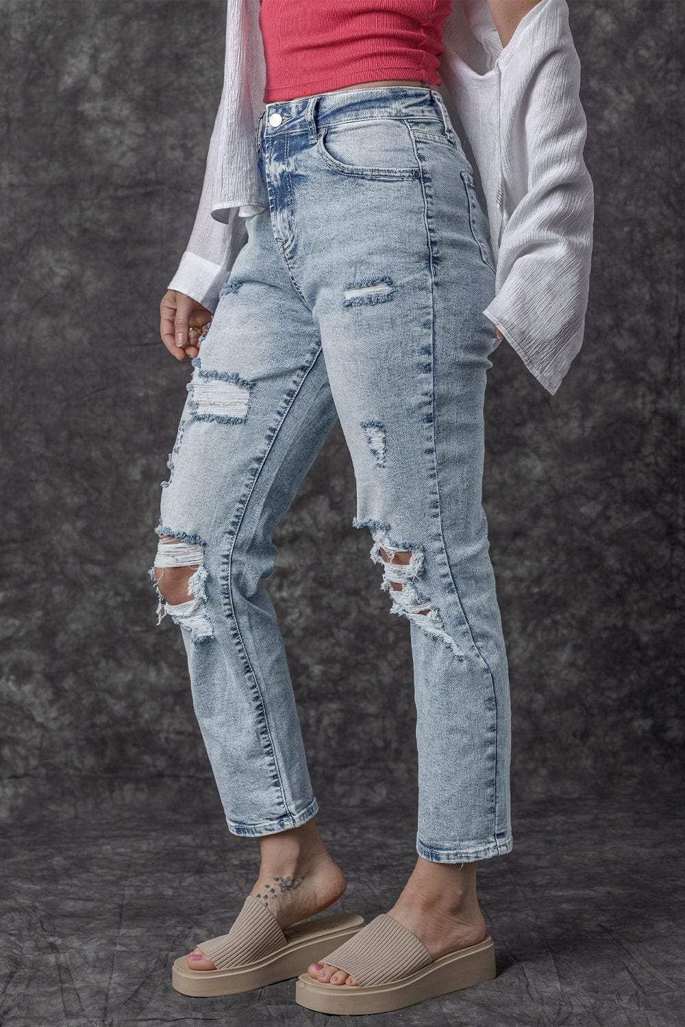 Distressed High Waist Jeans - Trendsi - Flyclothing LLC