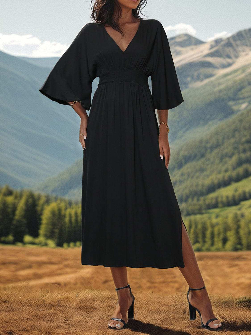 Slit V-Neck Long Sleeve Midi Dress - Trendsi - Flyclothing LLC