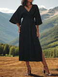 Slit V-Neck Long Sleeve Midi Dress - Trendsi